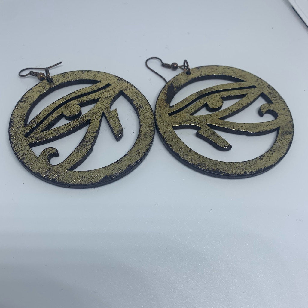 Gold Wooden Horus Eye Earrings